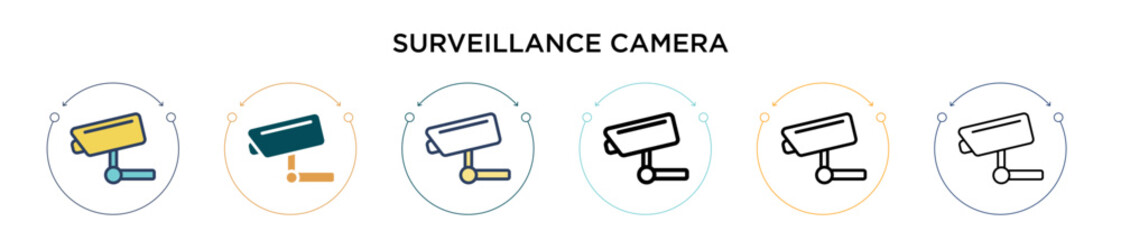 Surveillance camera icon in filled, thin line, outline and stroke style. Vector illustration of two colored and black surveillance camera vector icons designs can be used for mobile, ui, web - obrazy, fototapety, plakaty