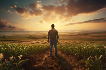 An empowering scene of a man agronomist overlooking his fields during sunset, symbolizing his dedication to the cycle of growth and sustenance  - obrazy, fototapety, plakaty