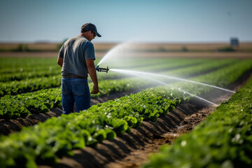 An inviting shot of a man agronomist demonstrating advanced irrigation techniques, his innovative methods contributing to efficient water usage 