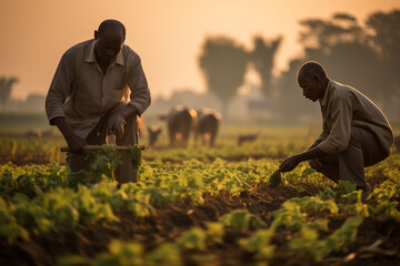 An engaging shot of a man agronomist working alongside farmers, his guidance enhancing the agricultural practices of the community 