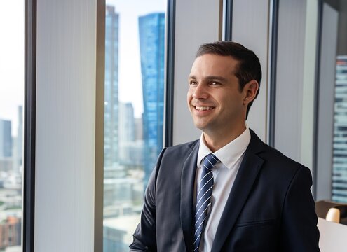 A Successful Businessman Smiling While Looking Out The Window Of His Office At A Modern City.