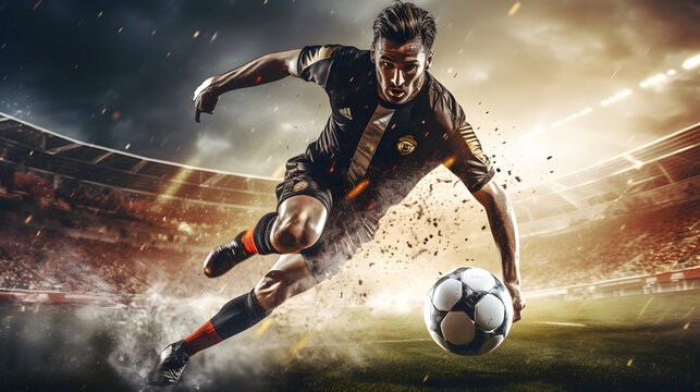 Soccer player executing a powerful kick on soccer ball in an intense scene on a sunlit game field