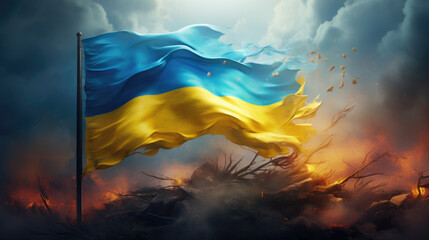 Ukrainian flag waving in the wind of a fire storm, Visual concept of war in Ukraine