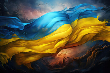 Ukrainian flag waving in the wind in front of a dark background with burning flames