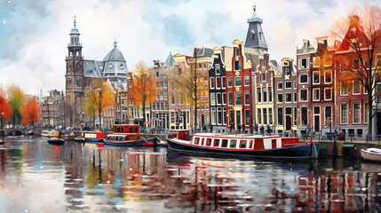 Painting and sketch of old Amsterdam canal with boats and homes, in Netherlands  - obrazy, fototapety, plakaty
