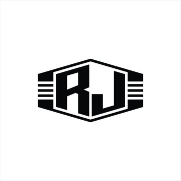 recommend clip art: RJ Letter Logo monogram hexagon emblem shape with stripes outline style design