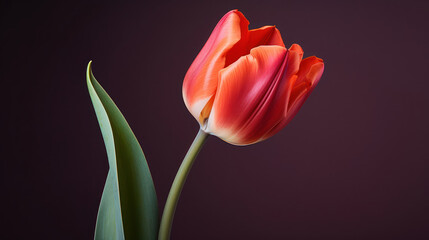 Macro of a red tulip. Dark red background