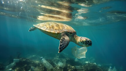A turtle swimming amidst the garbage  floating under in the ocean , pollution in the marine, effects on marine life, environment day concept.