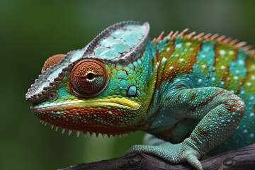 Obraz premium Colorful chameleon lizard close up, blurred background, generated ai