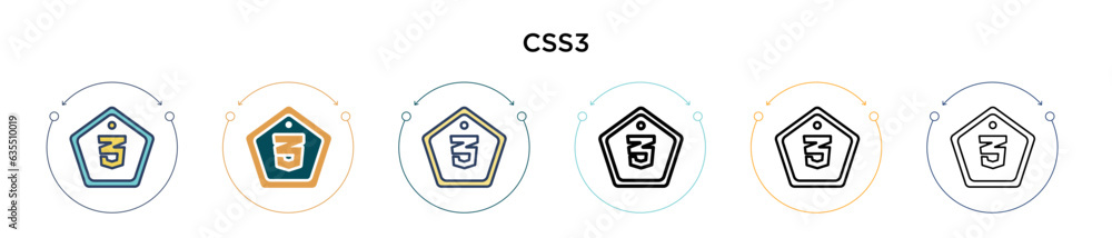 Poster css3 icon in filled, thin line, outline and stroke style. vector illustration of two colored and bla