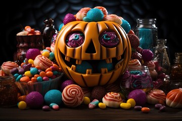 Halloween candies and sweets on dark background.Generative Ai