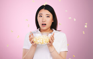 Surprise, woman and portrait with horror and popcorn, bowl or food for watching tv, movies or shock...