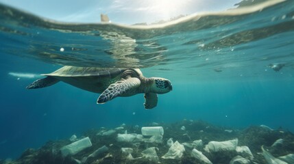 Naklejka premium A turtle swimming amidst the garbage floating under in the ocean , pollution in the marine, effects on marine life, environment day concept.