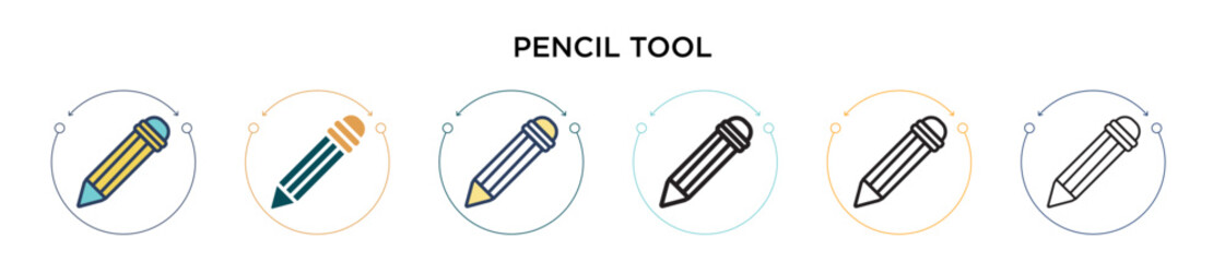 Pencil tool icon in filled, thin line, outline and stroke style. Vector illustration of two colored and black pencil tool vector icons designs can be used for mobile, ui, web