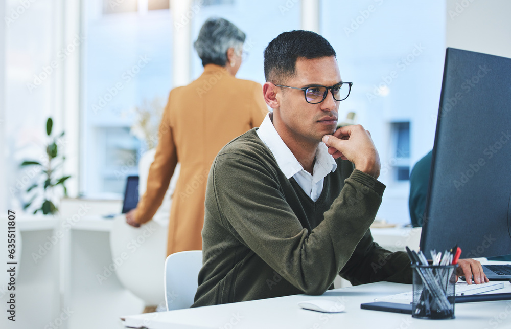 Poster Business man, thinking and focus on computer for information technology, software development and solution. Professional worker reading with glasses for IT decision, programming or planning in office