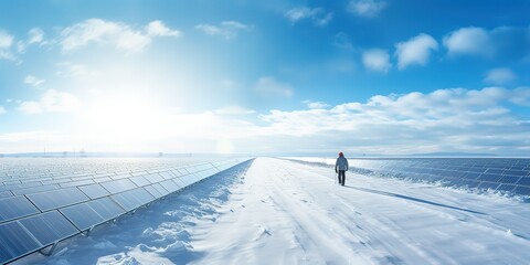 A construction worker walks through a sunny field with solar panels covered in snow.