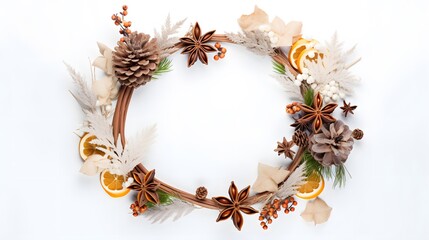 Creative Christmas wreath made of pine cones, citrus, cinnamon on white background. Flat lay, top view. New Year concept. Copy space.