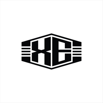 recommend clip art: XE Letter Logo monogram hexagon emblem shape with stripes outline style design