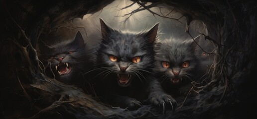 3D terryfying black evil cats, Horror background, Halloween, Lair, Wallpaper. WELCOME TO THE KILLER FELINS LAIR! Clawed paws, pricked ears. Dark ghostly image. Red eyes, shaggy hair, wide open mouths - obrazy, fototapety, plakaty