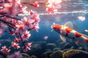 Koi fish swimming in a pond under a cherry tree. Cherry blossoms land in a lake. Generative AI