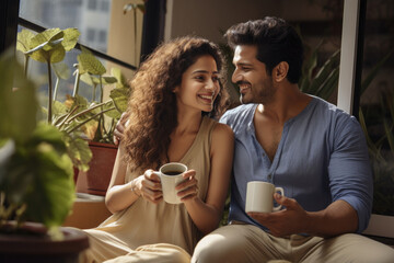 Indian modern young couple having coffee at home
