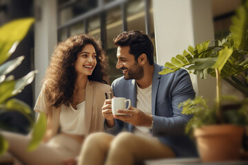 Indian modern young couple having coffee at home