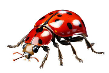 Fototapeta premium A crawling ladybug, proudly displaying its vibrant red and black spotted exoskeleton against a transparent background, ladybug isolated on white background