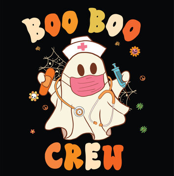 Groovy Hippie Boo Boo Crew Funny Nurse Ghost Halloween Illustration. Nursing Ghost Boo, RN Nurse Halloween