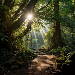 Forest in the morning, forest in the morning light, Asian tropical rainforest, the entrance of the rainforest, generative ai