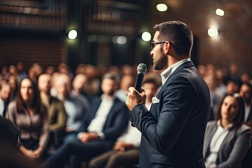 speaker at a business conference talking to his audience (Generative AI)