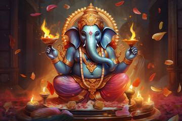 Fototapeta premium Ganesha's wisdom in the Dewali light holding two candles.