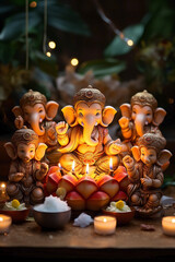 Obraz na płótnie Canvas Group of five guardians of tradition: Ganesha's Dewali in front of burning oil lamps. Buddhist art during the Chaturthi festival.