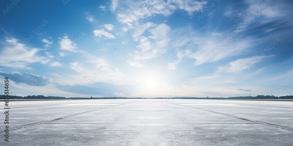 Poster sky background horizon with dramatic clouds and empty dark asphalt street floor