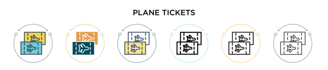 Plane tickets icon in filled, thin line, outline and stroke style. Vector illustration of two colored and black plane tickets vector icons designs can be used for mobile, ui, web
