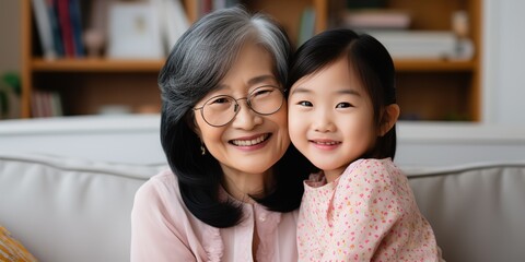 Loving adult daughter sitting on sofa at home and hugging elderly mother, happy and smiling