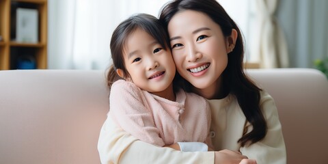 Loving adult daughter sitting on sofa at home and hugging elderly mother, happy and smiling - obrazy, fototapety, plakaty