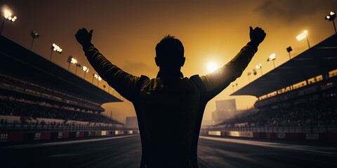 Silhouette of a racing driver celebrating victory in a race against the backdrop of the bright lights of the stadium. - obrazy, fototapety, plakaty