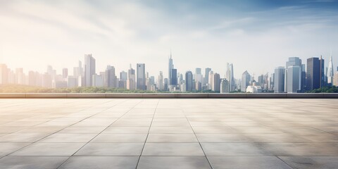 Empty floor and city skyline on building background