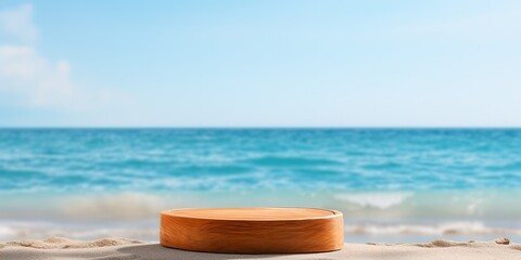 Summer sand and tropical sea background with abstract stone podium