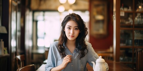 A horizontal shot of Young Woman in Japanese Retro-style Cafe - obrazy, fototapety, plakaty