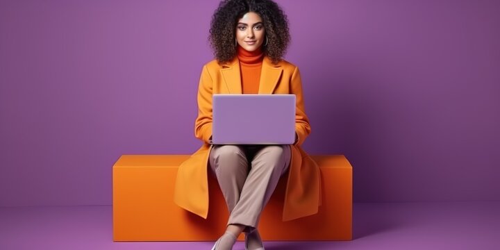 Pretty young girl looking straight in an empty space, wearing a trendy orange knitwear, isolated on a purple background