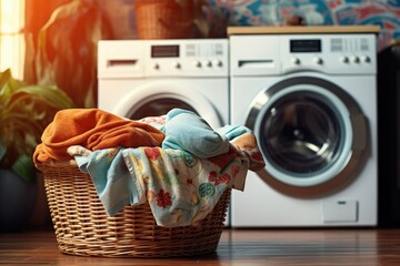 laundy basket in front of a washing machine (Generative AI) - obrazy, fototapety, plakaty