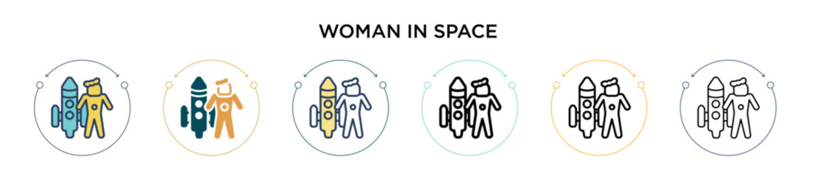 Woman in space icon in filled, thin line, outline and stroke style. Vector illustration of two colored and black woman in space vector icons designs can be used for mobile, ui, web