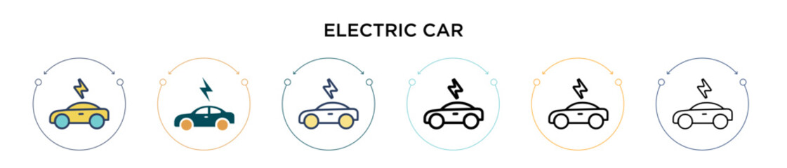 Naklejka premium Electric car icon in filled, thin line, outline and stroke style. Vector illustration of two colored and black electric car vector icons designs can be used for mobile, ui, web
