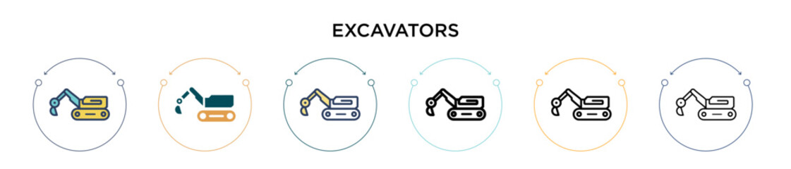 Excavators icon in filled, thin line, outline and stroke style. Vector illustration of two colored and black excavators vector icons designs can be used for mobile, ui, web © Digital Bazaar