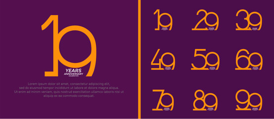 set of anniversary logo orange color on purple background for celebration moment