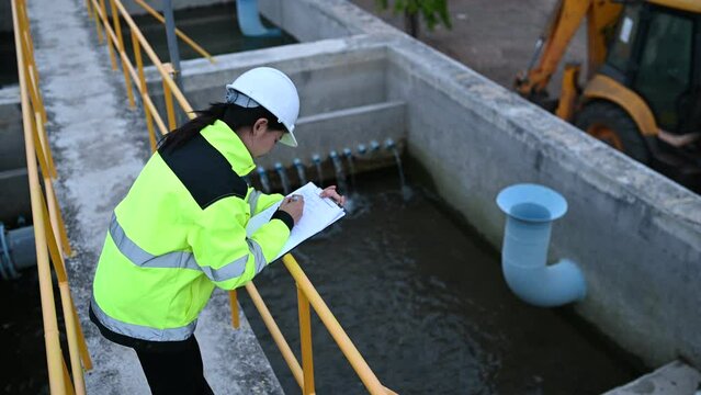 Environmental engineers work at wastewater treatment plants,Water supply engineering working at Water recycling plant for reuse