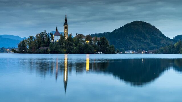 Bled lake panoramic view od church and lake time lapse night view.