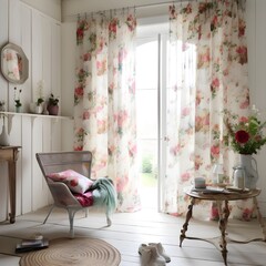 interior of a room with a window and floral curtains