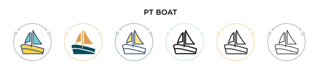Pt boat icon in filled, thin line, outline and stroke style. Vector illustration of two colored and black pt boat vector icons designs can be used for mobile, ui, web - obrazy, fototapety, plakaty